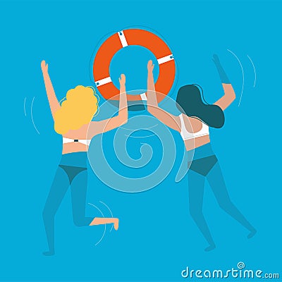 Girls in the water with a circle Vector Illustration